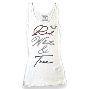 True Religion Red White & True Lettering & Tonal Crystal Embellishments.